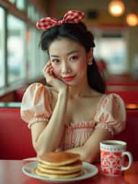 woman in retro 1950s diner photo shoot. stack of pancakes and one coffee mug in front.  woman wearing 1950s pin up dress and 1950s hair tie