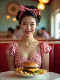 woman in retro 1950s diner photo shoot. french fries and one cheeseburger on a plate in front.  woman wearing 1950s pin up dress and 1950s hair tie