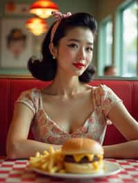 woman in retro 1950s diner photo shoot. french fries and one cheeseburger on a plate in front.  woman wearing 1950s pin up dress and 1950s hair tie