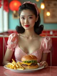 woman in retro 1950s diner photo shoot. french fries and one cheeseburger on a plate in front.  woman wearing 1950s pin up dress and 1950s hair tie