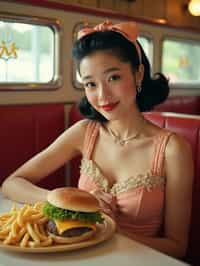 woman in retro 1950s diner photo shoot. french fries and one cheeseburger on a plate in front.  woman wearing 1950s pin up dress and 1950s hair tie