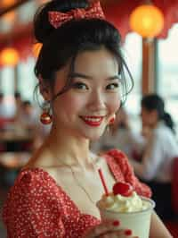 woman in retro 1950s diner photo shoot. one milkshake in front.  woman wearing 1950s pin up dress and 1950s hair tie