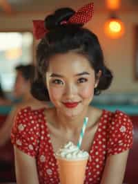 woman in retro 1950s diner photo shoot. one milkshake in front.  woman wearing 1950s pin up dress and 1950s hair tie