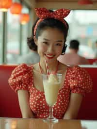 woman in retro 1950s diner photo shoot. one milkshake in front.  woman wearing 1950s pin up dress and 1950s hair tie