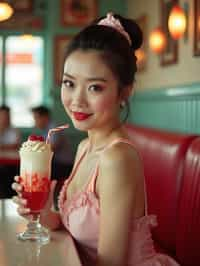 woman in retro 1950s diner photo shoot. one milkshake in front.  woman wearing 1950s pin up dress and 1950s hair tie