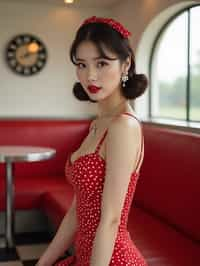 woman in retro 1950s diner photo shoot. posing in front of red 1950s barstools.  woman wearing 1950s pin up dress and 1950s red hair tie. white interior with red seats and black and white flooring.