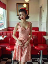 woman in retro 1950s diner photo shoot. posing in front of red 1950s barstools.  woman wearing 1950s pin up dress and 1950s red hair tie. white interior with red seats and black and white flooring.