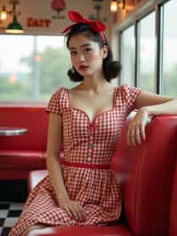 woman in retro 1950s diner photo shoot. posing in front of red 1950s barstools.  woman wearing 1950s pin up dress and 1950s red hair tie. white interior with red seats and black and white flooring.