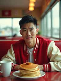 man in retro 1950s diner photo shoot. stack of pancakes and one coffee mug in front. man wearing varsity bomber