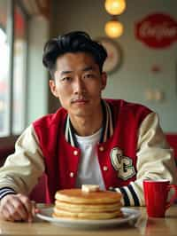 man in retro 1950s diner photo shoot. stack of pancakes and one coffee mug in front. man wearing varsity bomber