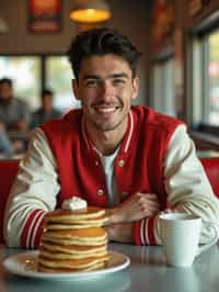 man in retro 1950s diner photo shoot. stack of pancakes and one coffee mug in front. man wearing varsity bomber