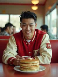 man in retro 1950s diner photo shoot. stack of pancakes and one coffee mug in front. man wearing varsity bomber