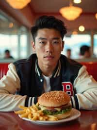 man in retro 1950s diner photo shoot. french fries and one cheeseburger on a plate in front. man wearing varsity bomber