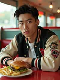 man in retro 1950s diner photo shoot. french fries and one cheeseburger on a plate in front. man wearing varsity bomber