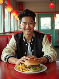 man in retro 1950s diner photo shoot. french fries and one cheeseburger on a plate in front. man wearing varsity bomber