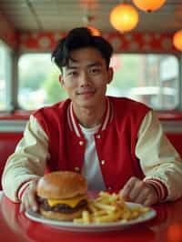 man in retro 1950s diner photo shoot. french fries and one cheeseburger on a plate in front. man wearing varsity bomber