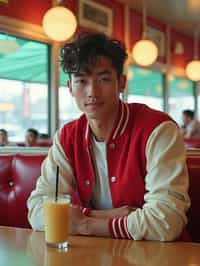 man in retro 1950s diner photo shoot. one milkshake in front. man wearing varsity bomber