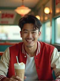 man in retro 1950s diner photo shoot. one milkshake in front. man wearing varsity bomber