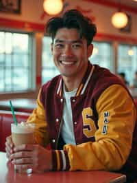 man in retro 1950s diner photo shoot. one milkshake in front. man wearing varsity bomber