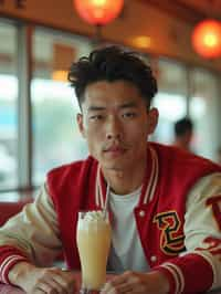 man in retro 1950s diner photo shoot. one milkshake in front. man wearing varsity bomber