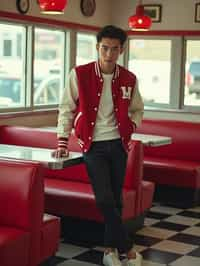 man in retro 1950s diner photo shoot. posing in front of red 1950s barstools. man wearing varsity bomber . white interior with red seats and black and white flooring.