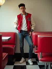 man in retro 1950s diner photo shoot. posing in front of red 1950s barstools. man wearing varsity bomber . white interior with red seats and black and white flooring.