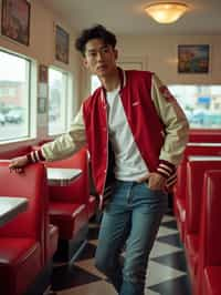 man in retro 1950s diner photo shoot. posing in front of red 1950s barstools. man wearing varsity bomber . white interior with red seats and black and white flooring.