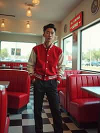 man in retro 1950s diner photo shoot. posing in front of red 1950s barstools. man wearing varsity bomber . white interior with red seats and black and white flooring.