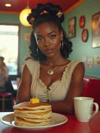 woman in retro 1950s diner photo shoot. stack of pancakes and one coffee mug in front.  woman wearing 1950s pin up dress and 1950s hair tie