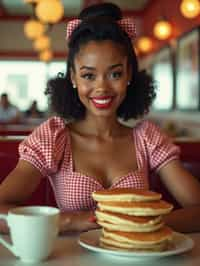 woman in retro 1950s diner photo shoot. stack of pancakes and one coffee mug in front.  woman wearing 1950s pin up dress and 1950s hair tie