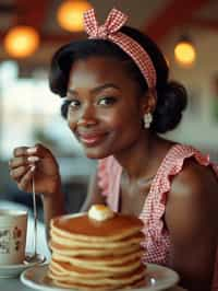 woman in retro 1950s diner photo shoot. stack of pancakes and one coffee mug in front.  woman wearing 1950s pin up dress and 1950s hair tie