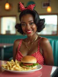 woman in retro 1950s diner photo shoot. french fries and one cheeseburger on a plate in front.  woman wearing 1950s pin up dress and 1950s hair tie