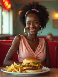 woman in retro 1950s diner photo shoot. french fries and one cheeseburger on a plate in front.  woman wearing 1950s pin up dress and 1950s hair tie