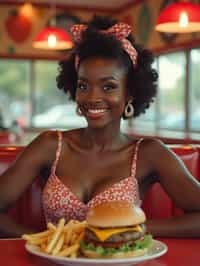 woman in retro 1950s diner photo shoot. french fries and one cheeseburger on a plate in front.  woman wearing 1950s pin up dress and 1950s hair tie