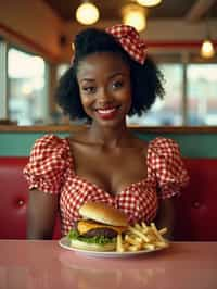 woman in retro 1950s diner photo shoot. french fries and one cheeseburger on a plate in front.  woman wearing 1950s pin up dress and 1950s hair tie