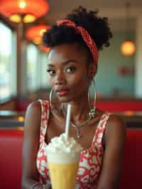 woman in retro 1950s diner photo shoot. one milkshake in front.  woman wearing 1950s pin up dress and 1950s hair tie