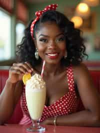 woman in retro 1950s diner photo shoot. one milkshake in front.  woman wearing 1950s pin up dress and 1950s hair tie