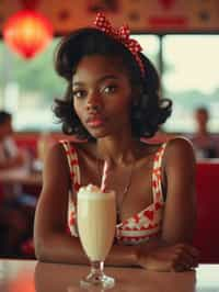 woman in retro 1950s diner photo shoot. one milkshake in front.  woman wearing 1950s pin up dress and 1950s hair tie