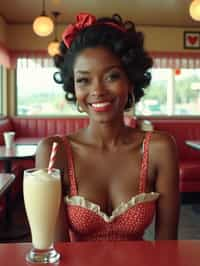 woman in retro 1950s diner photo shoot. one milkshake in front.  woman wearing 1950s pin up dress and 1950s hair tie