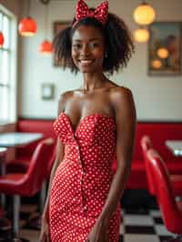 woman in retro 1950s diner photo shoot. posing in front of red 1950s barstools.  woman wearing 1950s pin up dress and 1950s red hair tie. white interior with red seats and black and white flooring.