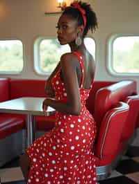 woman in retro 1950s diner photo shoot. posing in front of red 1950s barstools.  woman wearing 1950s pin up dress and 1950s red hair tie. white interior with red seats and black and white flooring.