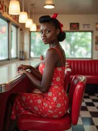 woman in retro 1950s diner photo shoot. posing in front of red 1950s barstools.  woman wearing 1950s pin up dress and 1950s red hair tie. white interior with red seats and black and white flooring.