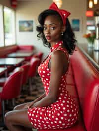 woman in retro 1950s diner photo shoot. posing in front of red 1950s barstools.  woman wearing 1950s pin up dress and 1950s red hair tie. white interior with red seats and black and white flooring.