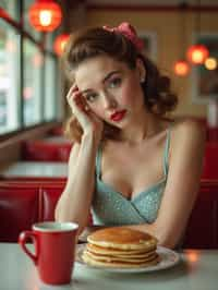 woman in retro 1950s diner photo shoot. stack of pancakes and one coffee mug in front.  woman wearing 1950s pin up dress and 1950s hair tie