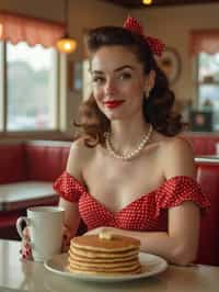 woman in retro 1950s diner photo shoot. stack of pancakes and one coffee mug in front.  woman wearing 1950s pin up dress and 1950s hair tie