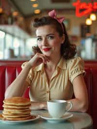 woman in retro 1950s diner photo shoot. stack of pancakes and one coffee mug in front.  woman wearing 1950s pin up dress and 1950s hair tie