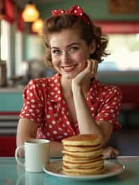 woman in retro 1950s diner photo shoot. stack of pancakes and one coffee mug in front.  woman wearing 1950s pin up dress and 1950s hair tie