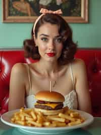 woman in retro 1950s diner photo shoot. french fries and one cheeseburger on a plate in front.  woman wearing 1950s pin up dress and 1950s hair tie