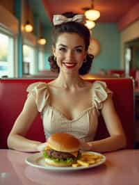 woman in retro 1950s diner photo shoot. french fries and one cheeseburger on a plate in front.  woman wearing 1950s pin up dress and 1950s hair tie