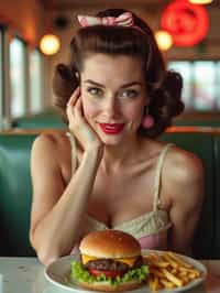 woman in retro 1950s diner photo shoot. french fries and one cheeseburger on a plate in front.  woman wearing 1950s pin up dress and 1950s hair tie